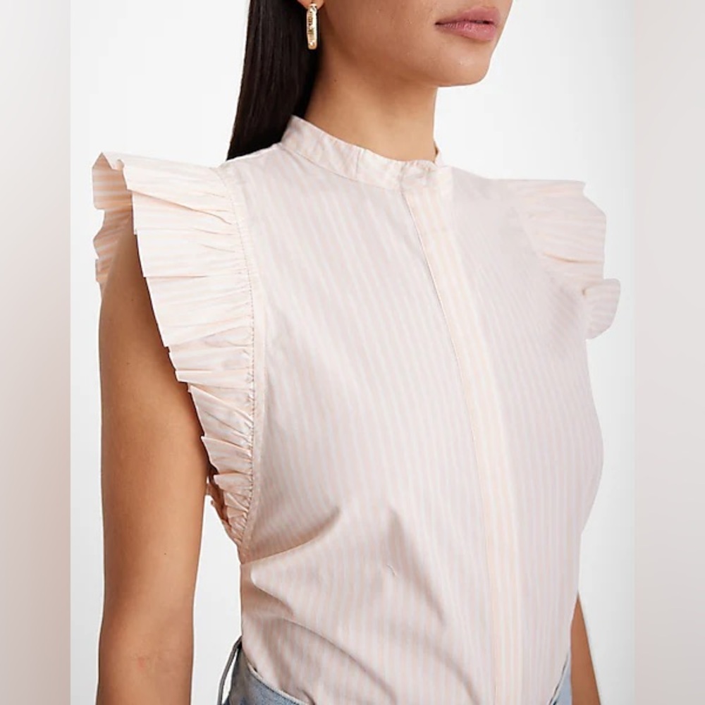Express 100% Cotton Poplin Ruffle Sleeve Button Up Pink and White Striped